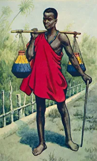 A native from Uganda carrying milk, from a contemporary print, c.1935; Artwork A native from Uganda carrying milk, from a contemporary print, c.1935; Artwork