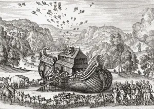 Noah, his family, the animals and birds enter the ark. After a 17th century print. Noah, his family, the animals and birds enter the ark. After a 17th century print.