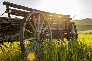 Old wooden wagon in a field backlit by the sunlight, Waterton Lakes National Park, Alberta, Canada Old wooden wagon in a field backlit by the sunlight, Waterton Lakes National Park, Alberta, Canada