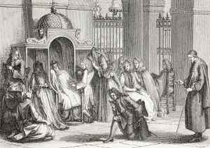 People In Church Gathered Around The Priest Waiting To Make Their Confession. After A Work By Bernard Picart People In Church Gathered Around The Priest Waiting To Make Their Confession. After A Work By Bernard Picart