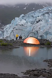 People Tent Camping At The Shoup Glacier Overlook, Shoup Bay State Marine Park, Prince William Sound People Tent Camping At The Shoup Glacier Overlook, Shoup Bay State Marine Park, Prince William Sound