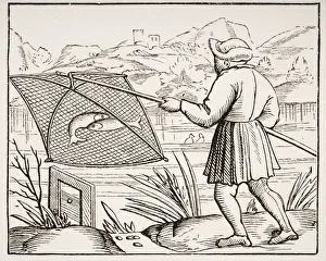 The Pond Fisherman. 19Th Century Copy Of Woodcut In Cosmographie Universelle Dated 1549 The Pond Fisherman. 19Th Century Copy Of Woodcut In Cosmographie Universelle Dated 1549