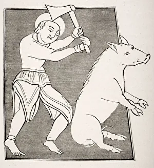 The Pork Butcher. 19Th Century Reproduction Of Miniature In A Charter Of Solignac Abbey The Pork Butcher. 19Th Century Reproduction Of Miniature In A Charter Of Solignac Abbey