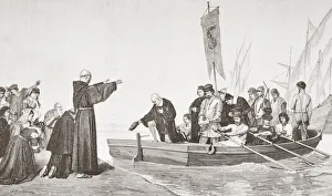 A priest blesses Christopher Columbus and his crew before their departure on the first voyage to discover America A priest blesses Christopher Columbus and his crew before their departure on the first voyage to discover America