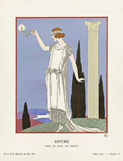 Psyche. Psyche. Robe du Soir de Worth. Evening dress by Worth. Art-deco fashion illustration by French artist George Psyche. Psyche. Robe du Soir de Worth. Evening dress by Worth. Art-deco fashion illustration by French artist George
