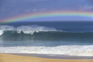 Rainbow Over Shore Break Beach Foreground, Horizon And Blue Sky With Clouds A21E Rainbow Over Shore Break Beach Foreground, Horizon And Blue Sky With Clouds A21E