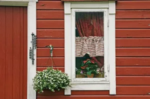 Red Wooden House With Plants In And By Window, Close Up Red Wooden House With Plants In And By Window, Close Up