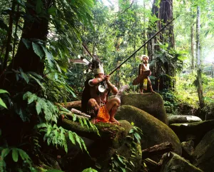 Sarawak Men Dressed In Traditional Attire With Blowpipes; Sarawak Sarawak Men Dressed In Traditional Attire With Blowpipes; Sarawak