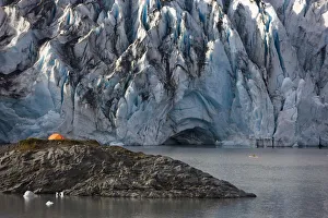 Scenic View Of Shoup Glacier With A Camp Tent Set On A Island In The Distance, Shoup Bay State Marine Park Scenic View Of Shoup Glacier With A Camp Tent Set On A Island In The Distance, Shoup Bay State Marine Park