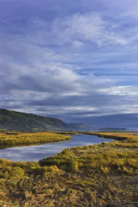 Scenic View Of Tidal Slough Along Womens Bay, Kodiak Island, Southwest Alaska, Fall Scenic View Of Tidal Slough Along Womens Bay, Kodiak Island, Southwest Alaska, Fall