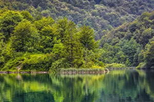 Serene view of forest reflected in a lake at the Plitvice Lakes National Park in Lika-Senj county in Croatia Serene view of forest reflected in a lake at the Plitvice Lakes National Park in Lika-Senj county in Croatia