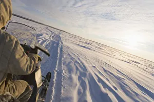 Snowmachiner Following Trail On Frozen Snow Covered Kuskokwim River Western Alaska Winter Snowmachiner Following Trail On Frozen Snow Covered Kuskokwim River Western Alaska Winter