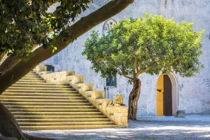 Stone steps and walls shaded by trees at the Donnafugata Castle in the Province of Ragusa in Sicily, Italy Stone steps and walls shaded by trees at the Donnafugata Castle in the Province of Ragusa in Sicily, Italy