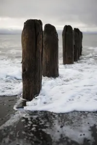 Surf Rising Against Wooden Tide Posts In Kachemak Bay; Alaska, United States Of America Surf Rising Against Wooden Tide Posts In Kachemak Bay; Alaska, United States Of America