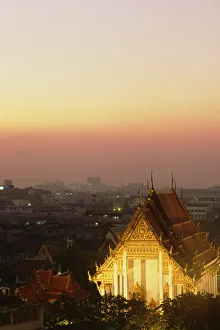 Thailand, Wat Saket Temple at sunset with evening lights; Bangkok Thailand, Wat Saket Temple at sunset with evening lights; Bangkok