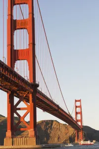 Tour Boats Cross Under Golden Gate Bridge, Viewed From Fort Point At The Entrance Tour Boats Cross Under Golden Gate Bridge, Viewed From Fort Point At The Entrance