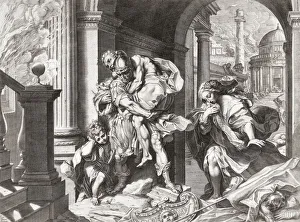 As Troy burns behind him Trojan hero Aeneas and his family flee. He carries his father Anchises on his back As Troy burns behind him Trojan hero Aeneas and his family flee. He carries his father Anchises on his back