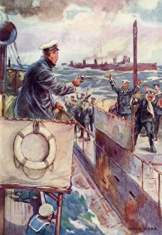 Twenty-Four German Hands Shot Into The Air. Illustration By Archibald Webb, From Midshipman Rex Carew, V.C. By John S Twenty-Four German Hands Shot Into The Air. Illustration By Archibald Webb, From Midshipman Rex Carew, V.C. By John S