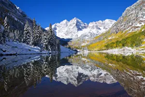 USA, Colorado, Early Snow; Near Aspen, Landscape Of Maroon Lake And Maroon Bells In Distance USA, Colorado, Early Snow; Near Aspen, Landscape Of Maroon Lake And Maroon Bells In Distance