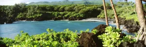 USA, Hawaii, Maui, Waianapanapa State Park; Hana, Black Sand Beach And Lush Greenery USA, Hawaii, Maui, Waianapanapa State Park; Hana, Black Sand Beach And Lush Greenery