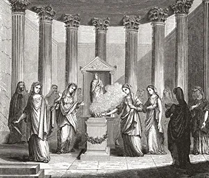 Vestal Virgins in ancient Rome tending the sacred fire in their temple. After a 19th century illustration by an Vestal Virgins in ancient Rome tending the sacred fire in their temple. After a 19th century illustration by an