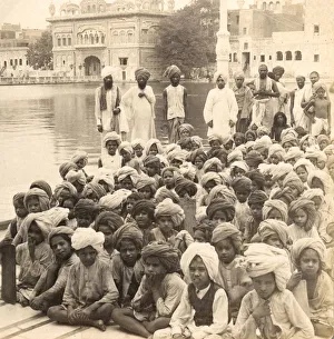 Victoria stereo view card from circa 1900, historic social image. Schoolboys of Amritsar, at Golden Temple Victoria stereo view card from circa 1900, historic social image. Schoolboys of Amritsar, at Golden Temple