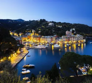 View Of The Harbour At Dusk; Portofino, Liguria, Italy View Of The Harbour At Dusk; Portofino, Liguria, Italy