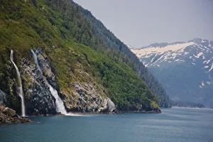 View Of Waterfalls In Passage Canal, Whittier, Southcentral Alaska, Summer View Of Waterfalls In Passage Canal, Whittier, Southcentral Alaska, Summer