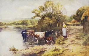 Vintage Greeting Card With Illustration Of Milkmaid Next To Cows In A Stream From The Vintage Greeting Card With Illustration Of Milkmaid Next To Cows In A Stream From The