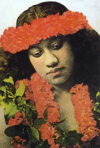 Vintage, tinted photograph of Hula Girl wearing red lei, Studio Shot Vintage, tinted photograph of Hula Girl wearing red lei, Studio Shot