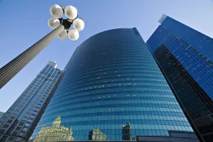 Wacker Drive Building With Street Lamp In Foreground, Low Angle View Wacker Drive Building With Street Lamp In Foreground, Low Angle View