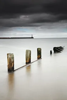 Wooden posts in the tranquil water; Berwick northumberland england Wooden posts in the tranquil water; Berwick northumberland england