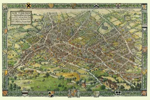 Prints of This is a striking colourful picture map of Birmingham in 1730, originally imagined and drawn from city records by Bernard Sleigh and lettered by I.A. Ellis, 1923 Map Prints: A Conjectural Picture Map of Birmingham Print in 1730