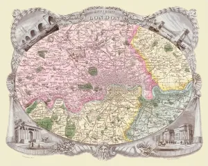 Wales Prints: Decorative Print of 1836 London Environs Map by Thomas Moule