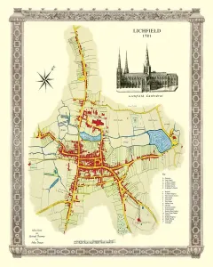 Wales Prints: Old Map of Lichfield Print with Cathedral View