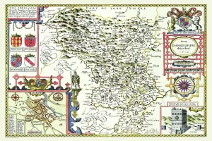 Prints of A facimile of John Speeds historical map of Derbyshire originally published for the Theatre of the Empire of Great Britain, an atlas to accompany a history of Great Britain Derbyshire Prints: Derbyshire 1611 Print - Facsimile of John Speed's Original Map