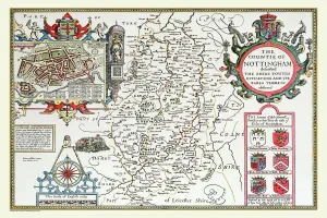 Prints of A facimile of John Speeds historical map of Nottinghamshire originally published for the Theatre of the Empire of Great Britain, an atlas to accompany a history of Great Britain Nottinghamshire Prints: Print of 1611 Nottinghamshire Map by John Speed
