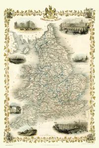 Prints of A fine facimile artworked from an antique original map of England and Wales, issued as part of the 1851 edition of John Tallis and Companys The Illustrated Atlas and Modern History of the World Map Prints: England and Wales 1851 Print, a facsimile map artwork