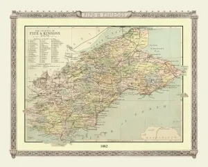 Scotland Prints: Old Map Print of Fife and Kinross Counties from 1882 Philips Handy Atlas