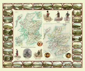 Scotland Prints: Antique Scotland Print featuring 13th Century Map and Clan Distribution
