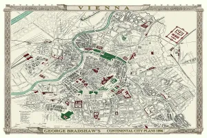 Prints of This is a very detailed Plan of Vienna, which features streets, canals, principal buildings, railways and railway stations Map Prints: George Bradshaw's Colour Print of Vienna 1896