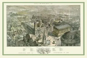 Prints of This is a striking panoramic view originally published as a supplement to The Graphic, September 4, 1886 Birmingham Prints: Bird's Eye View Print of Birmingham 1886
