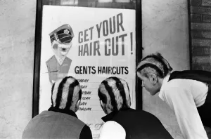 3 young men with one crazy hairstyle, Steve Scott, Tony Scott and John Anderson 3 young men with one crazy hairstyle, Steve Scott, Tony Scott and John Anderson