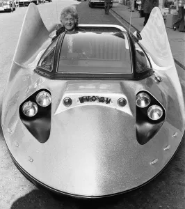Actor Jon Pertwee, Dr Who in the TV series, has had a flying saucer style car made for Actor Jon Pertwee, Dr Who in the TV series, has had a flying saucer style car made for