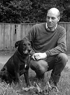 Actor, Patrick stewart with former stray dog Crab who became a star in a production at Actor, Patrick stewart with former stray dog Crab who became a star in a production at