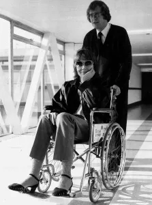 Actress Diana Rigg who is in a wheelchair due to a problem with her spine 1979 Actress Diana Rigg who is in a wheelchair due to a problem with her spine 1979