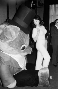 Actress and former model Madeline Smith picture with a giant teddy bear at a Variety Club Actress and former model Madeline Smith picture with a giant teddy bear at a Variety Club