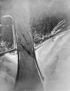 Aerial view The block ships HMS Intrepid and HMS Iphigenia in the channel of the Bruges Aerial view The block ships HMS Intrepid and HMS Iphigenia in the channel of the Bruges