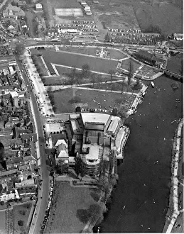 An aerial view showing the river Avon and the Royal Shakespeare Theatre at An aerial view showing the river Avon and the Royal Shakespeare Theatre at