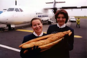 Air France stewardesses Karen Brown (left) and Sarah Asch prepare for the inaugural Air France stewardesses Karen Brown (left) and Sarah Asch prepare for the inaugural